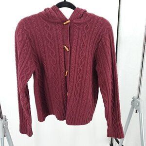 Y2K Eddie Bauer Lambswool-Blend Chunky Hooded Cardigan Sweater L Tall Red